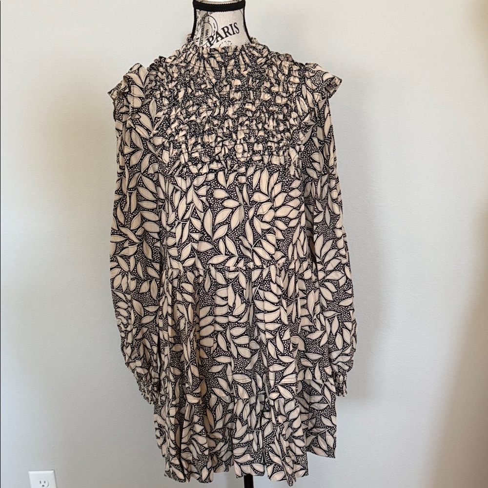 Anthropologie Black and Cream Leaf Print Mini Dress